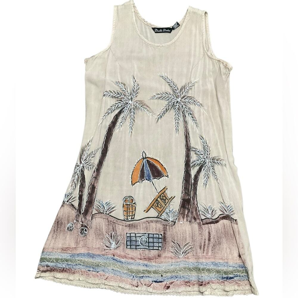 Double Decker Vintage Boutique Beige Sleeveless Dress with Palm Trees Medium